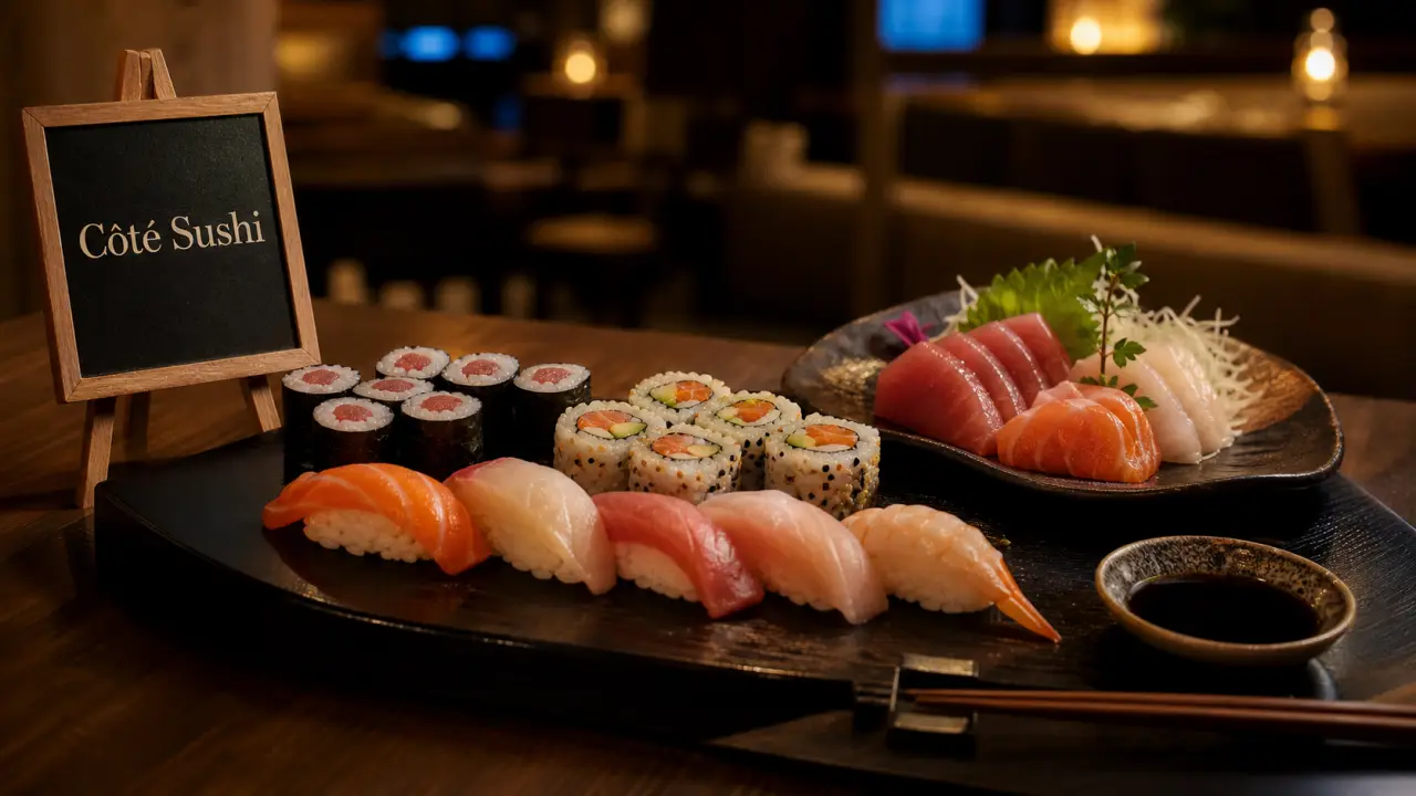 Restaurant japonais limoges : assortiment sushi et sashimi sur table