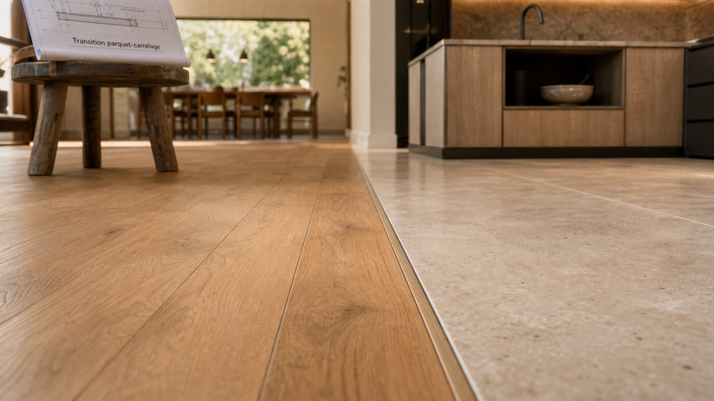 Jonction salon parquet cuisine carrelage, transition parquet-carrelage