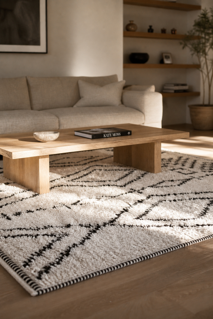 Tapis berbere blanc et noir, motifs losanges, salon lumineux