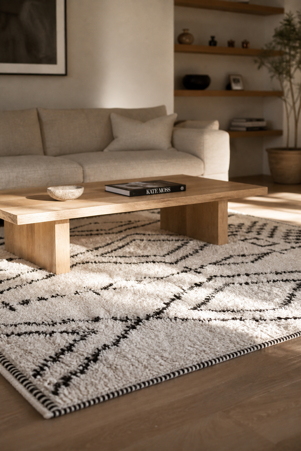 Tapis berbere blanc et noir, motifs losanges, salon lumineux