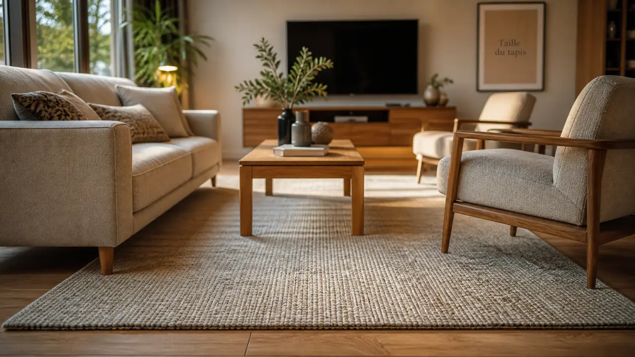 Tapis dans salon : tapis devant et sous le canapé, texture et mobilier
