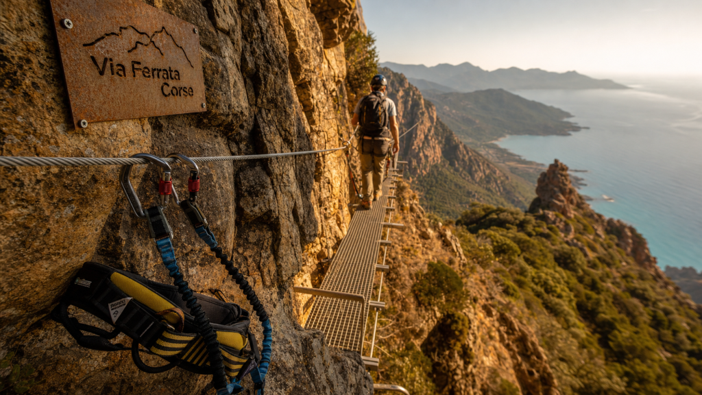 Via ferrata corse sud : baudriers sur ligne de vie et passerelle