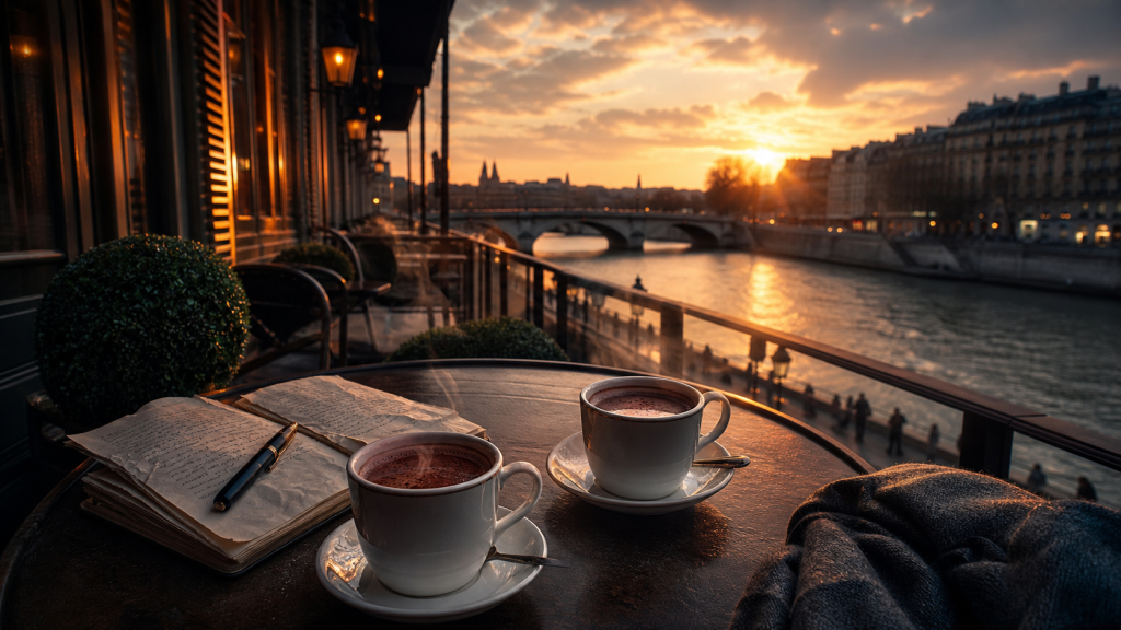 We Paris en amoureux : terrasse d’hôtel à Saint-Germain-des-Prés, vue Seine au golden hour