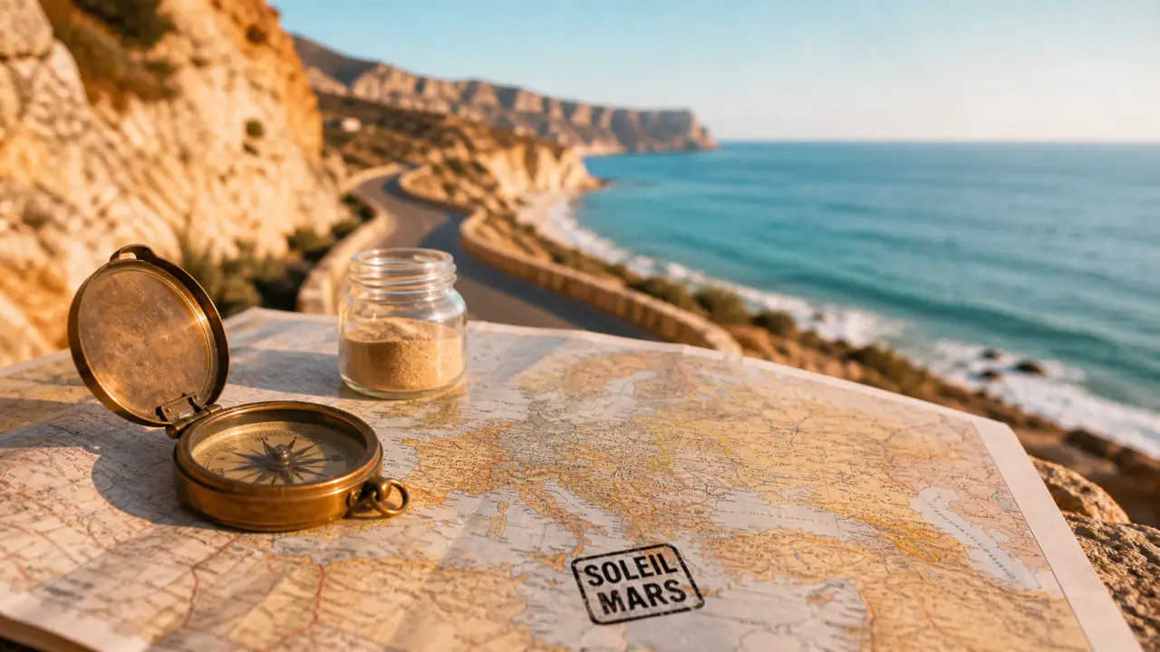 Destination soleil mars : carte Europe et Méditerranée, route vers le littoral en mars