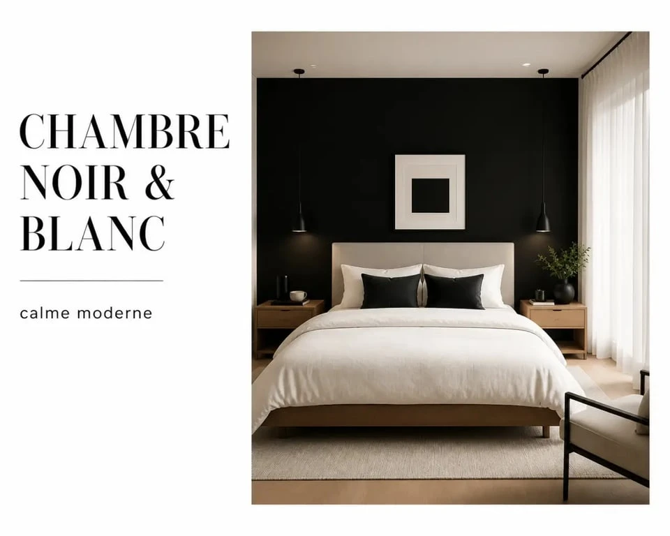 Chambre noir et blanc élégante avec lit, textiles doux et mur d’accent sombre