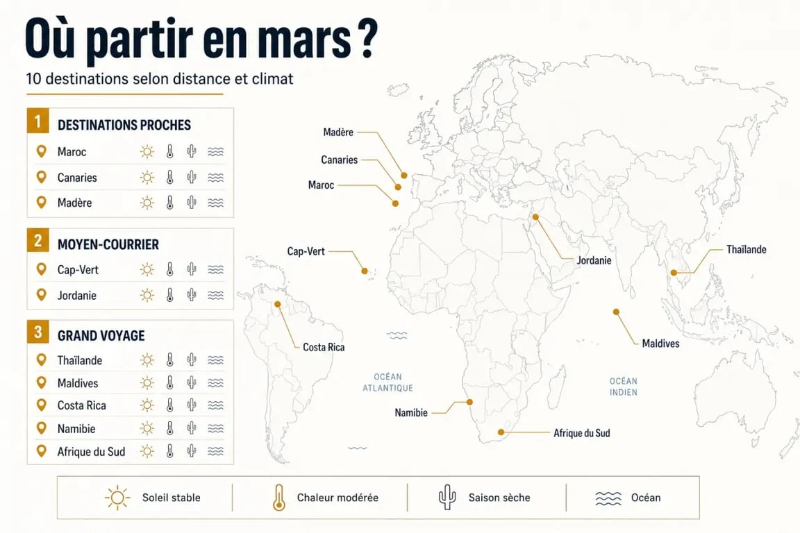 Destination soleil mars : carte visuelle des meilleures destinations selon la distance et le climat