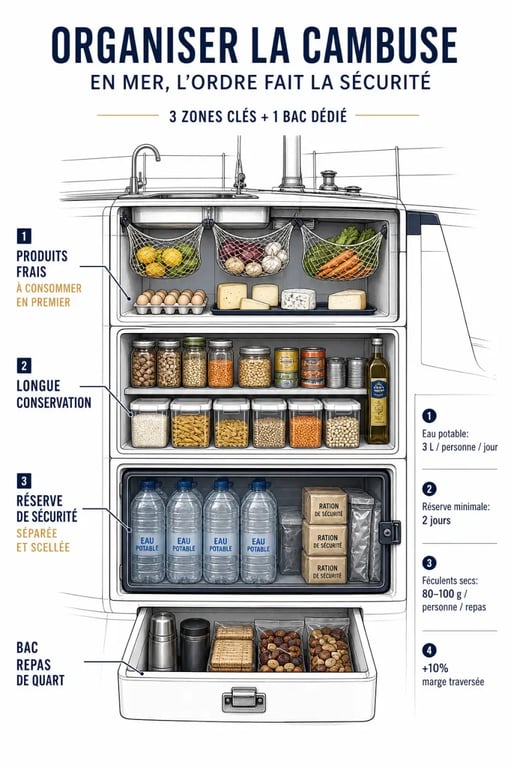 Préparer ses spécialités culinaires pour un voyage en mer : cambuse de voilier organisée avec aliments frais, longue conservation et réserve de sécurité