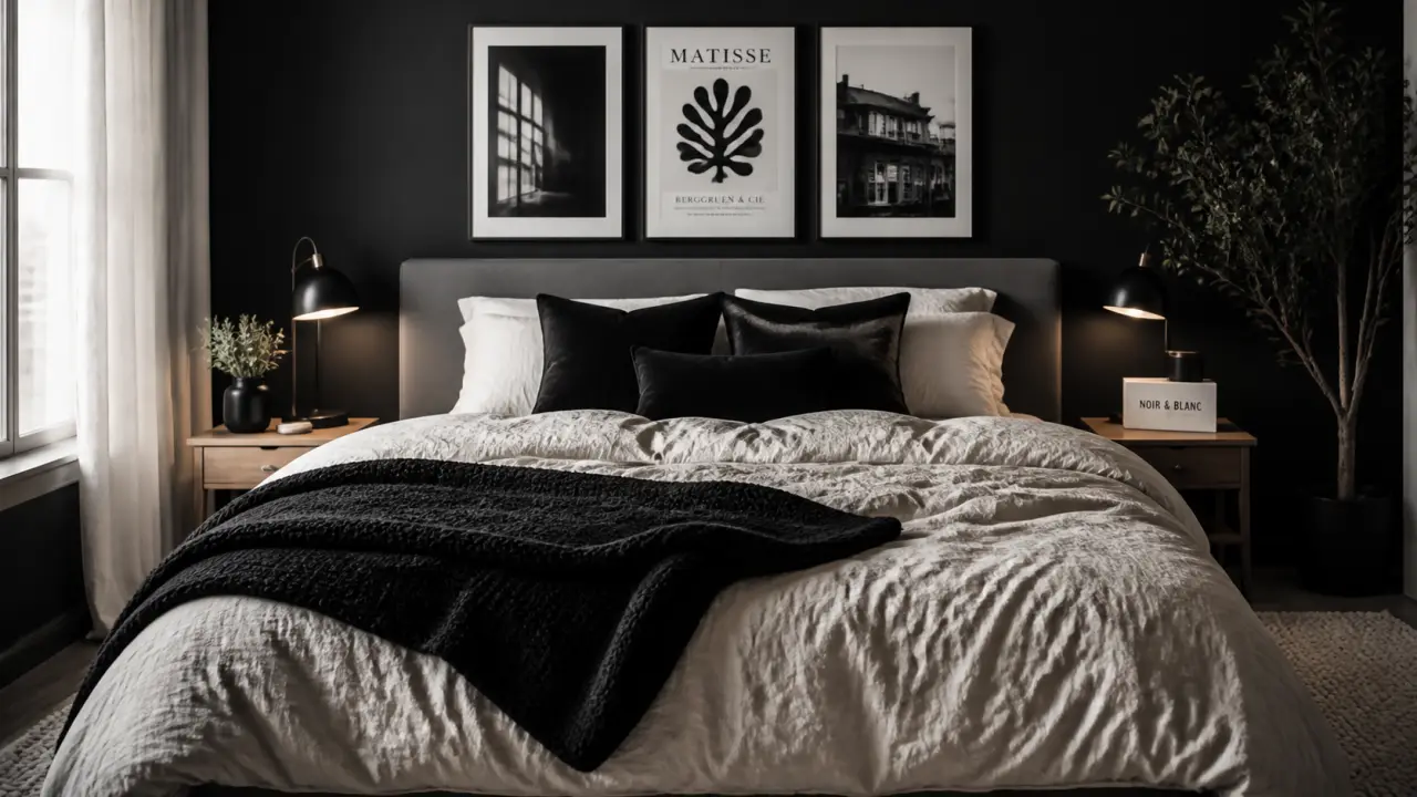 Noir et blanc chambre : coton, laine et lumière chaude pour éviter l’effet froid