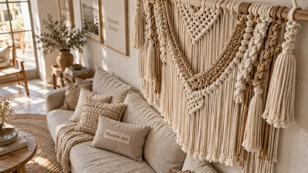 La déco macramé réchauffe un mur vide sans alourdir la pièce