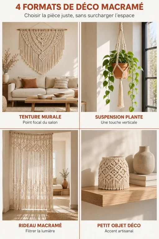Déco macramé : comparaison visuelle entre tenture murale, suspension, rideau et petit objet décoratif