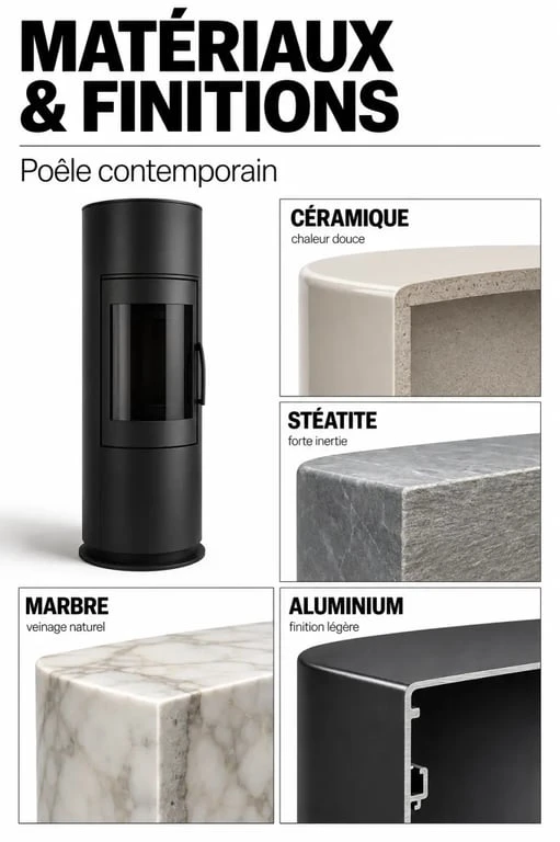 Matériaux et finitions d’un poêle contemporain en céramique, stéatite, marbre et aluminium