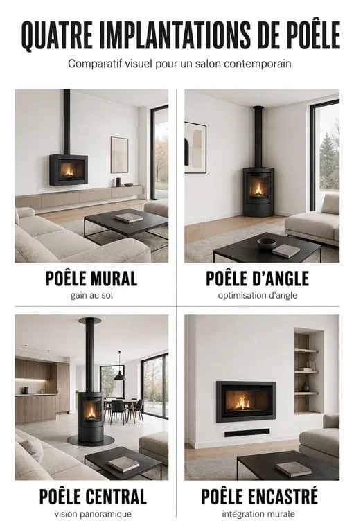 Comparatif de poêle contemporain mural, encastré, central et d’angle dans un intérieur moderne