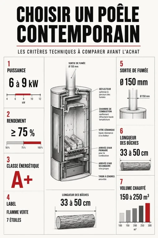Critères techniques d’un poêle contemporain avec puissance, rendement, label et dimensions