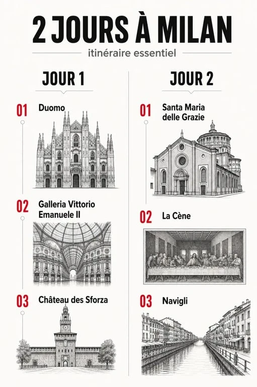 Visuel synthétique pour visiter milan 2 jours avec le Duomo, La Cène et Navigli