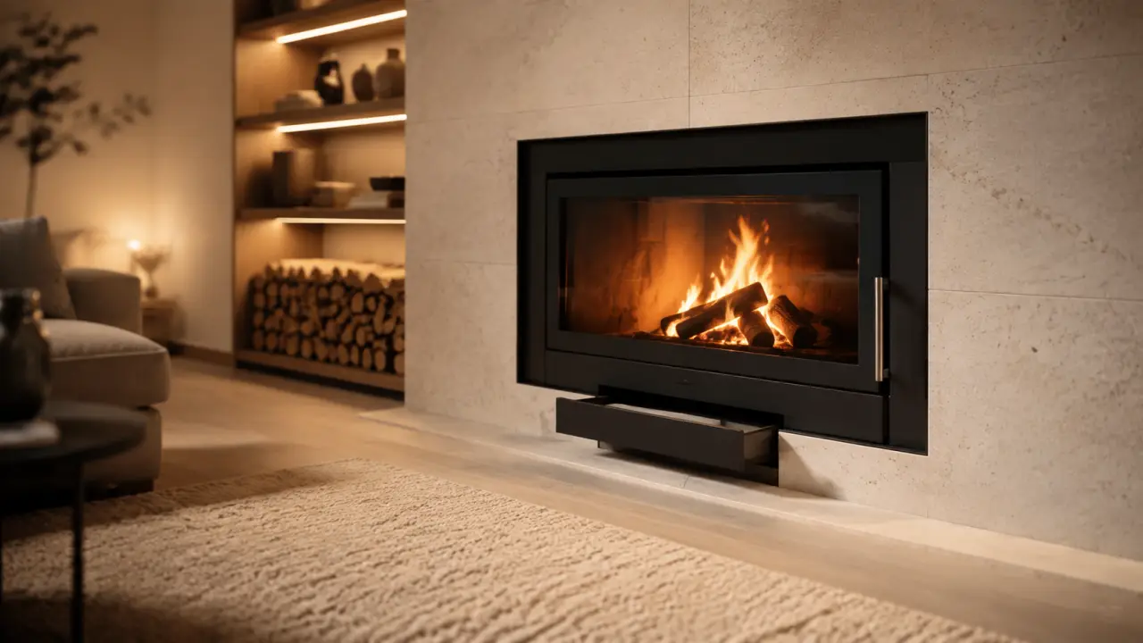 Poele contemporain moderne dans un salon au design noir