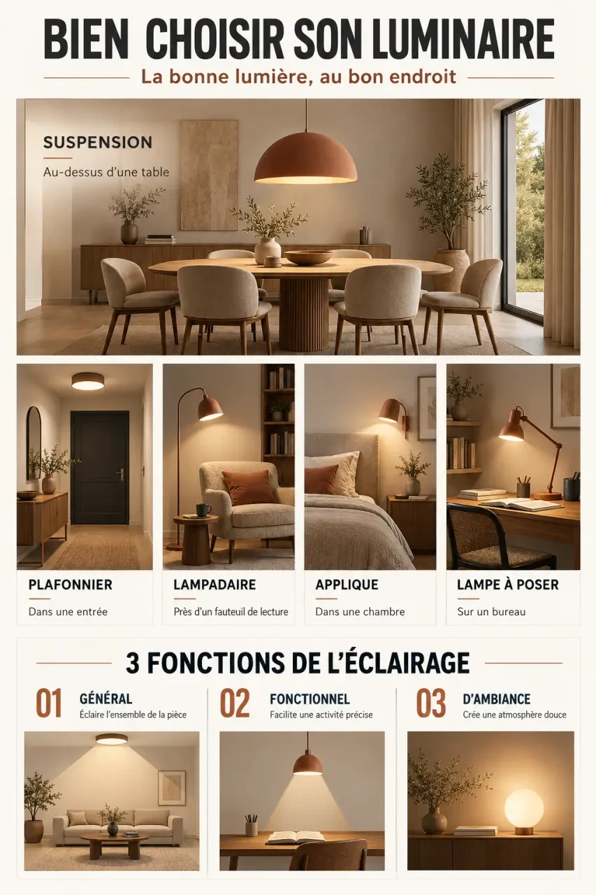 Infographie sur le luminaire design adapté à chaque pièce et à chaque usage