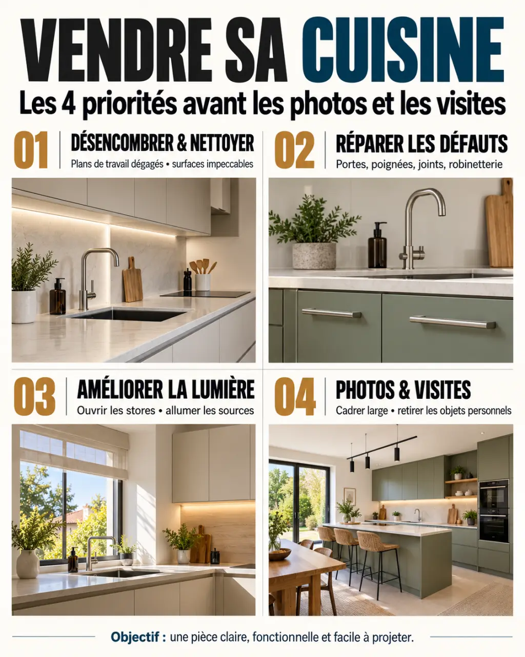 Préparer sa cuisine pour une vente immobilière réussie : infographie des priorités avant photos et visites