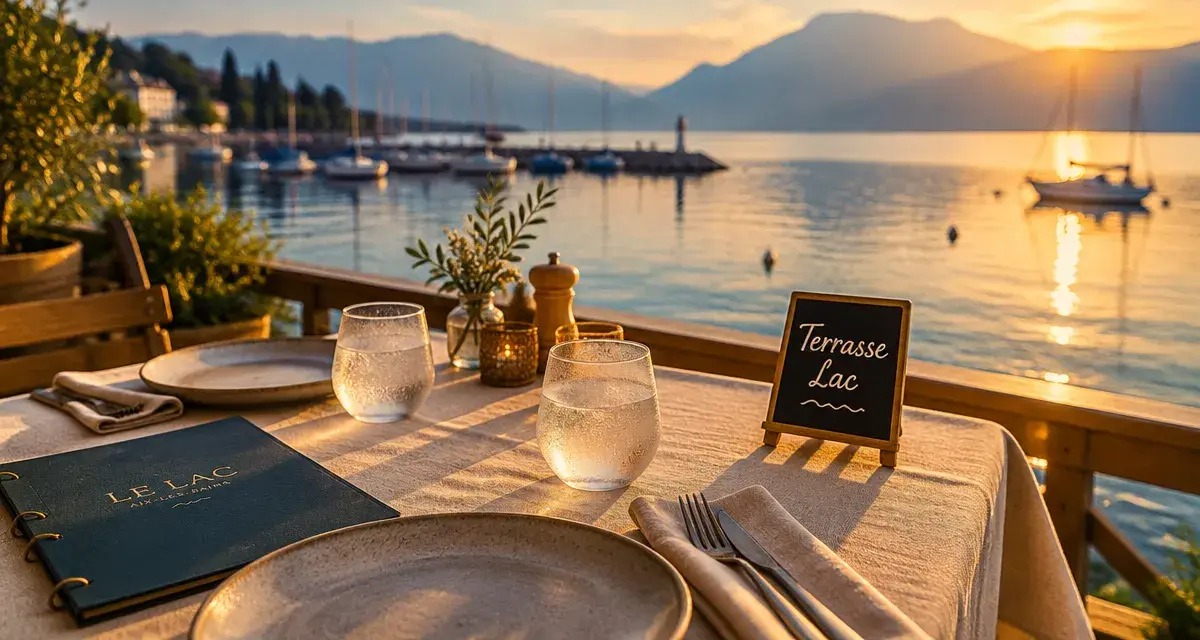 Restaurant bord du lac Aix-les-Bains, table face au Bourget, terrasse au lac du Bourget